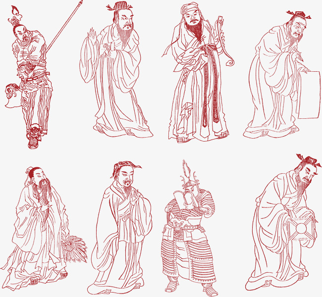 红色线描矢量古代英雄人物素材图片免费下载_