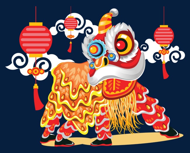 新年卡通牛舞狮拜年元旦灯笼金币