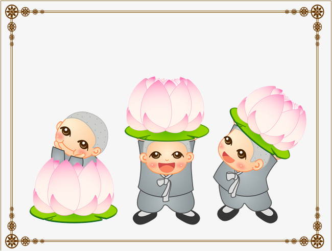 卡通壁画可爱的小和尚与荷花素材图片免费下载