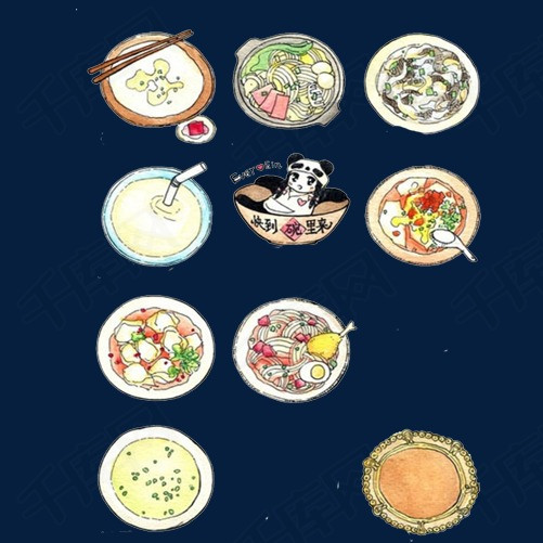中国特色小吃手绘画素材图片小吃手绘画食物色彩画趣味手绘面食