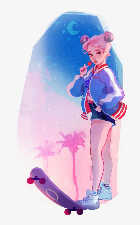 手绘卡通滑板漫画少女