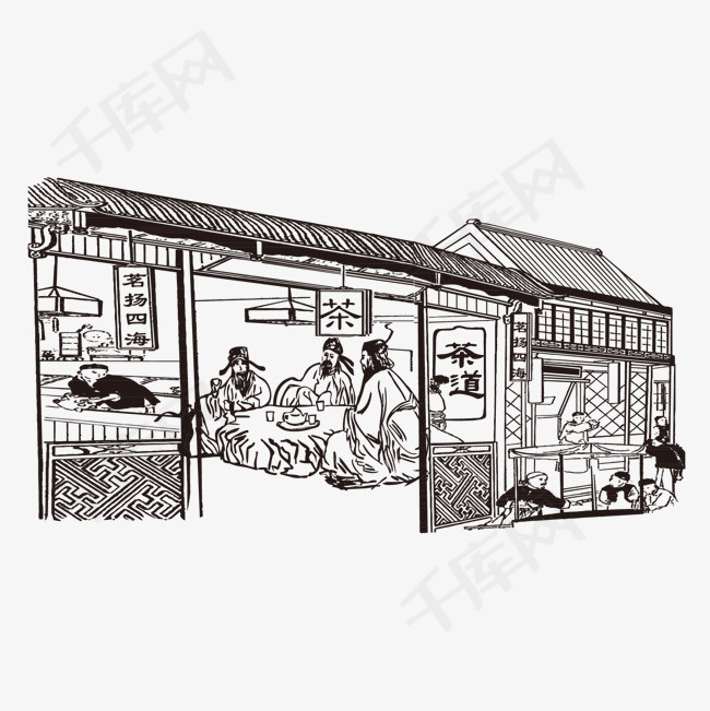 古代茶铺茶馆古代手绘素描茶茶文化          