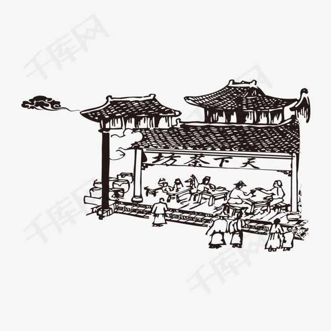古代茶铺茶馆古代手绘素描茶茶文化          