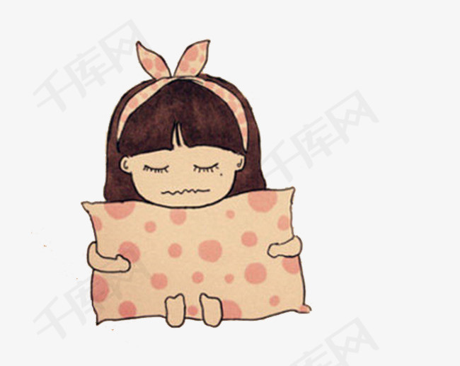 卡通小女孩枕头线条绘画表情不开心手绘      