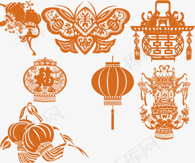 橙色中国风剪纸灯笼装饰图案