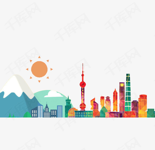 上海建筑卡通手绘水彩上海城市建筑         