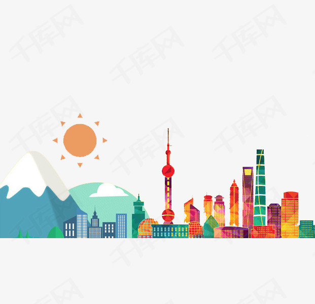 上海建筑卡通手绘水彩上海城市建筑          