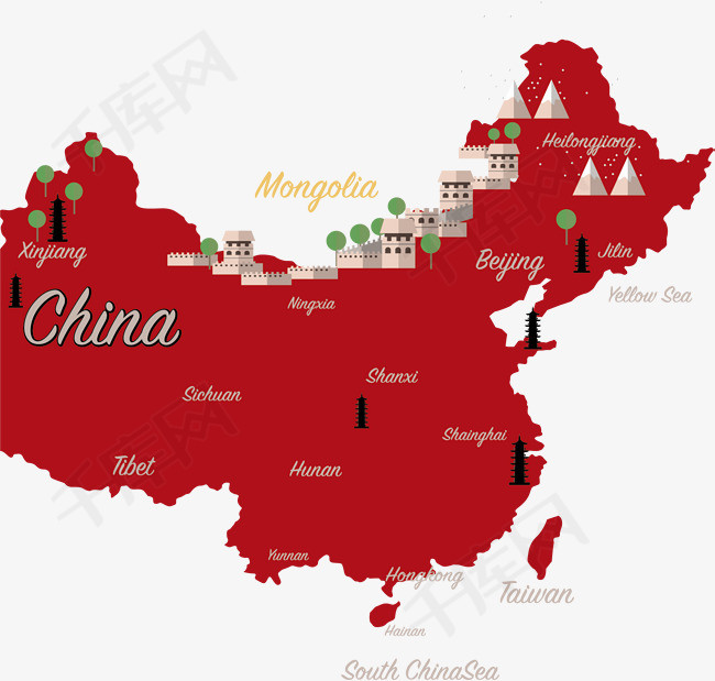 矢量中国地图卡通手绘红色创意中国地图矢量图