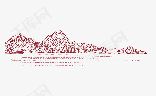 手绘红色线条山水