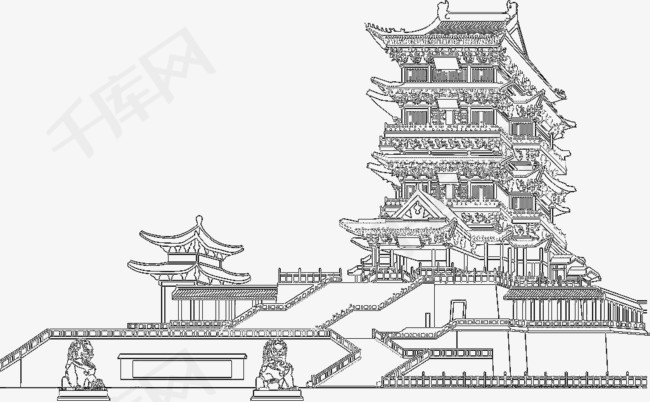 滕王阁黑白线描稿滕王阁黑白线描稿全景亭台楼阁中国古代建筑风格