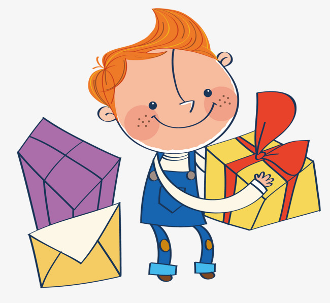 一个收礼物的孩子矢量图卡通形象卡通男孩礼物黄色礼盒红色蝴蝶结