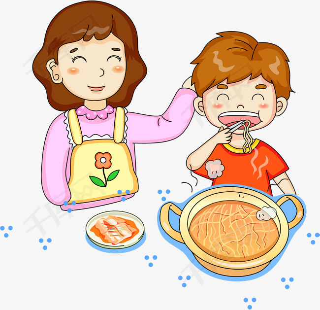 卡通吃饭的孩子妈妈的味道美味面条孩子妈妈卡通手绘