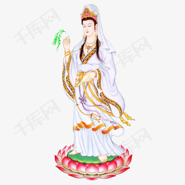 观音菩萨莲花座粉色绿色竹叶观音菩萨卡通    