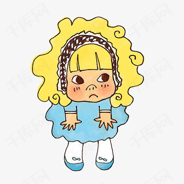 一个小女孩卡通黄色的可爱的小女孩蓝色的简笔