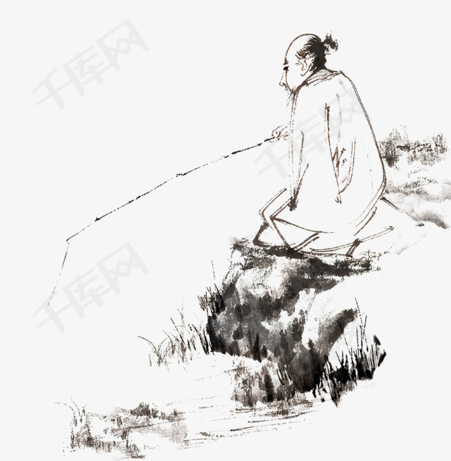 岸边水墨垂钓