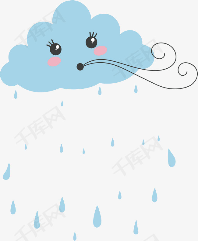 蓝色卡通云朵矢量png可爱云朵蓝色云朵下雨天阴天下雨蓝色雨滴
