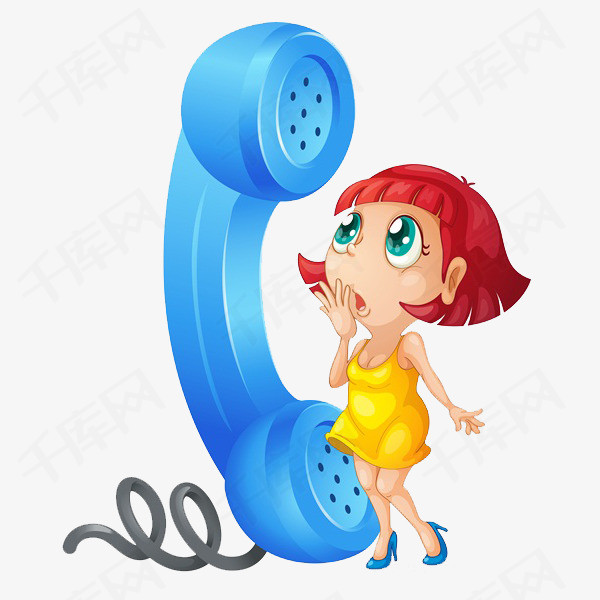 打电话的女孩卡通简笔蓝色的电话小女孩可爱的