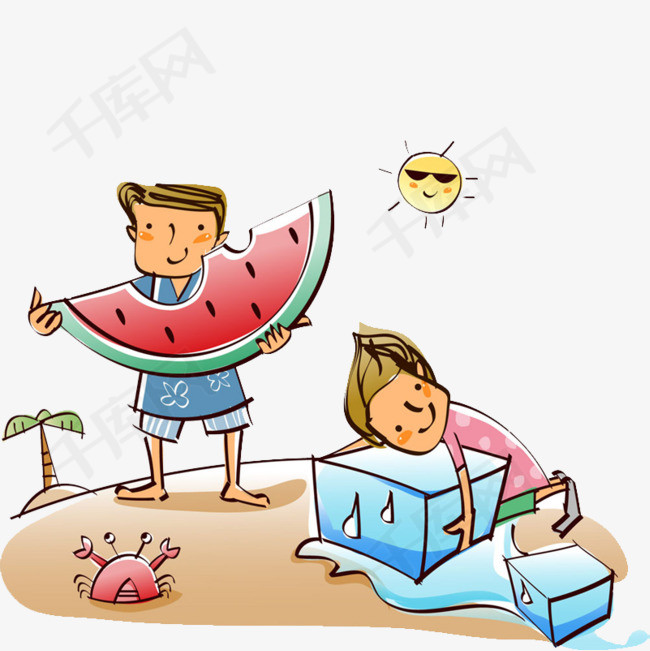 炎炎夏日海边避暑卡通可爱简约烈日炎炎海边避暑烈日