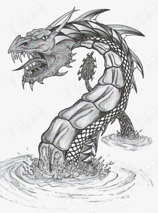 海怪黑白素描画海怪黑白素描画插画海洋怪物龙造型