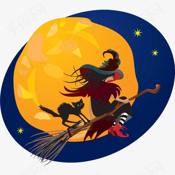 卡通坐在魔法扫帚上的女巫