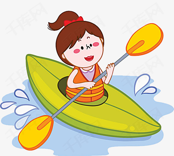 划船的小女孩小女孩划船卡通海水矢量图装饰  