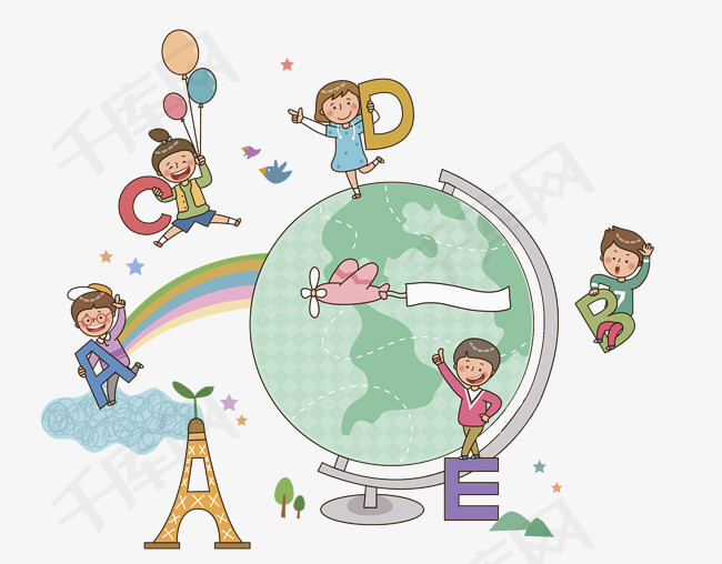 一个地球仪绿色的地球仪小孩字母可爱的卡通 