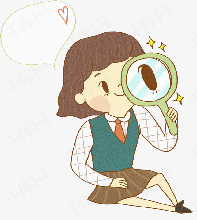 观察的女孩卡通手绘女孩学生放大镜观察     