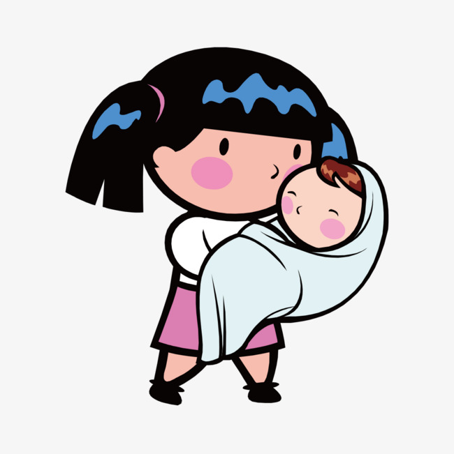手绘卡通女孩抱婴儿