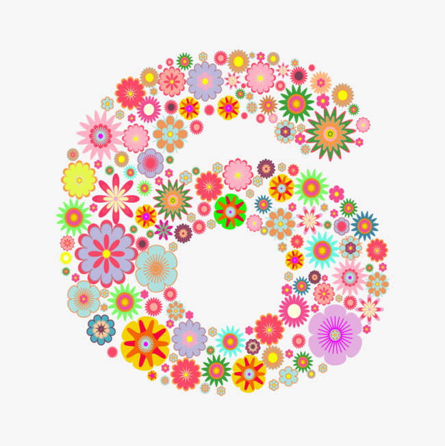 彩色花朵拼凑数字6