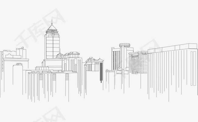 手绘城市线条图手绘城市图城市建筑图边框建筑线绘城市