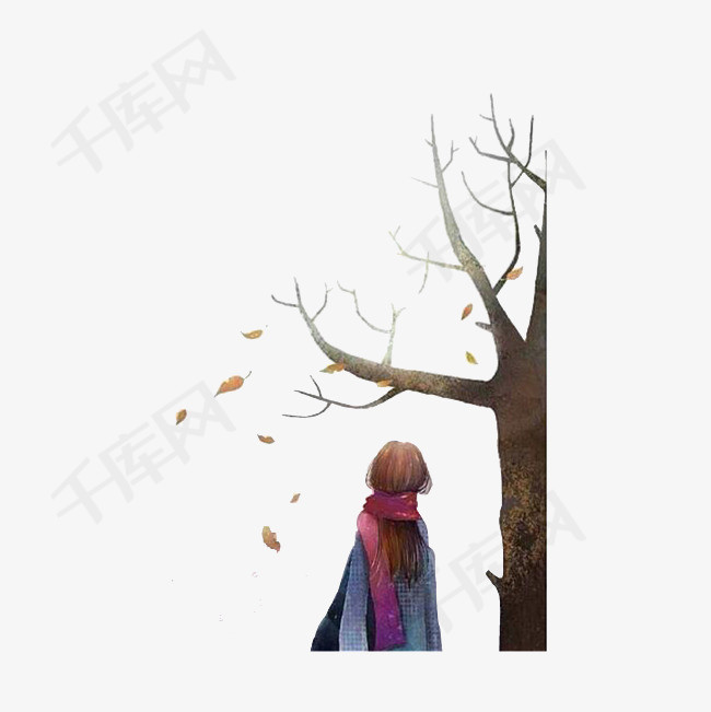树下看落叶的女孩背影树下的人树下看落叶的女孩背影离开的背影插画