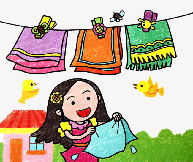 彩绘儿童画晾毛巾的小姑娘
