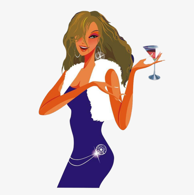 拿着酒杯的女士女士酒杯开心蓝色红酒长发    