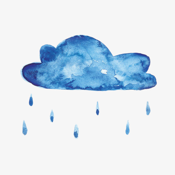 水彩手绘蓝色雨云手绘卡通雨点雨滴雨水下雨蓝色