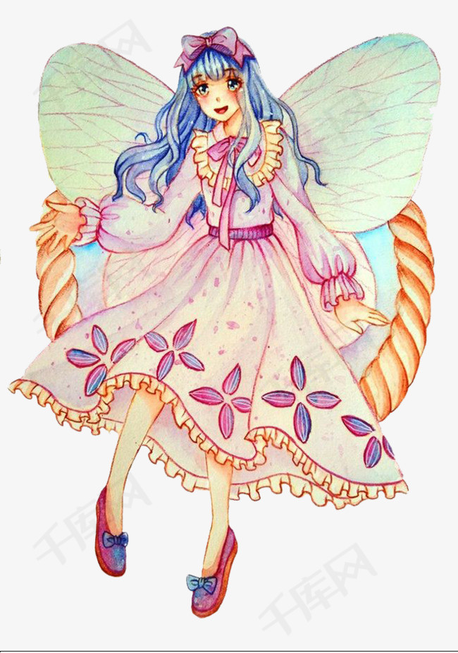 粉色女孩粉色女孩精灵水彩卡通手绘          
