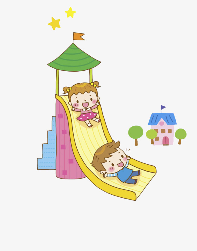 玩滑梯的孩子卡通游乐场房子小孩高兴地滑梯 