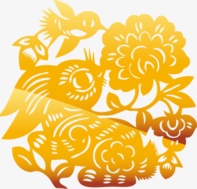 新年春节中国风剪纸风鎏金花朵扁平装饰