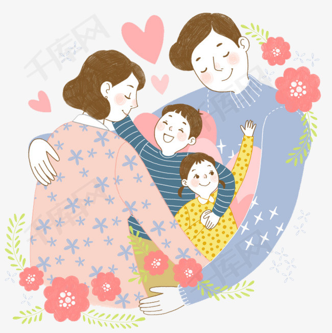 温馨一家人亲情友爱家庭幸福天伦之乐父母子女怀抱手绘平面