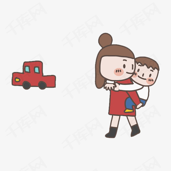 背着孩子的母亲母亲小男孩小汽车红色的母爱卡通