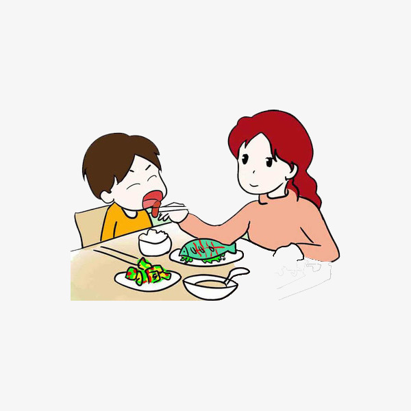 妈妈喂儿子吃饭喂饭吃饭卡通手绘可爱饭菜    