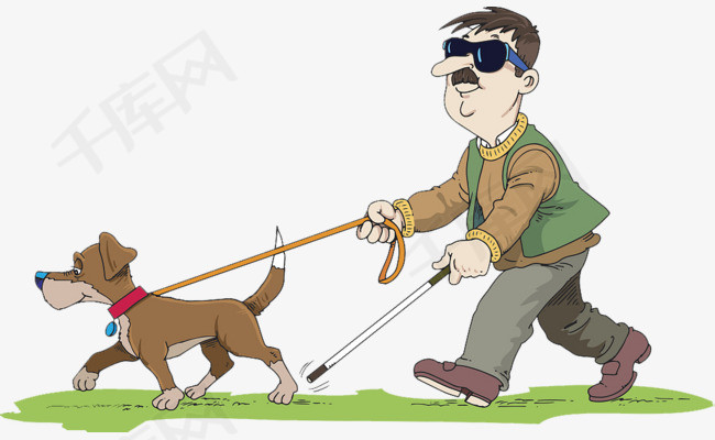 卡通插图导盲犬与盲人走路