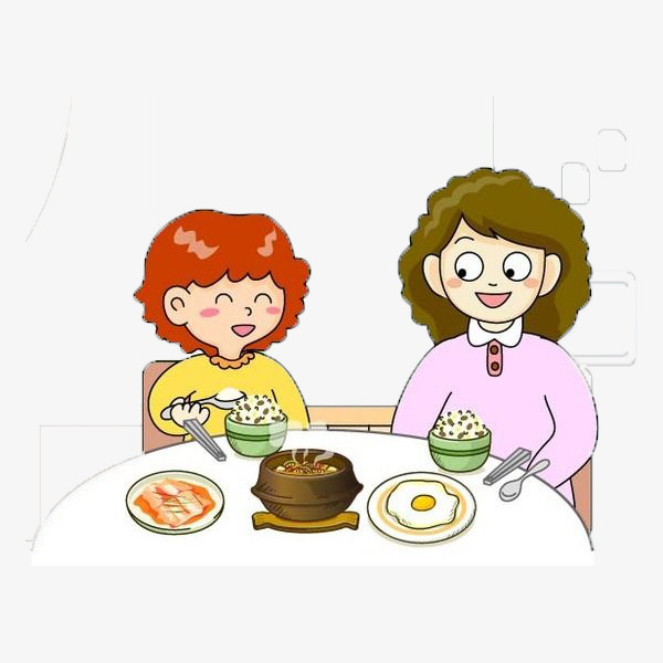 妈妈喂女儿吃饭喂饭吃饭卡通手绘可爱饭菜   