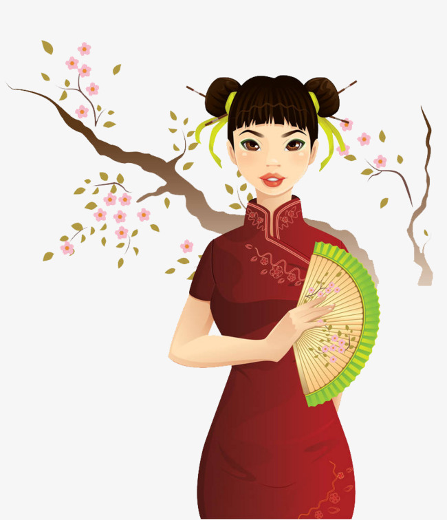 站在树下穿旗袍的女孩手绘人物插图树下站着穿旗袍可爱女孩