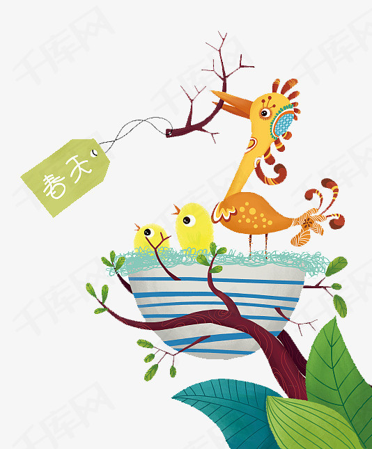 卡通矢量插图春天树上的鸟窝卡通矢量插图春天树上的鸟窝小鸟树枝