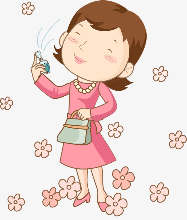 喷香水的女士卡通手绘水彩花朵粉色女士      