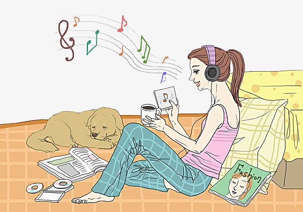 手绘听音乐放松减压的女孩素材图片免费下载_高清png_千库网(图片编号9211159)