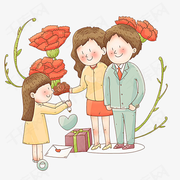 孝敬父母卡通人物送花爱心花束开心表情有爱场面愉悦