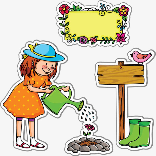 勤劳的小女孩卡通手绘卡通花圃装饰教育花牌幼苗