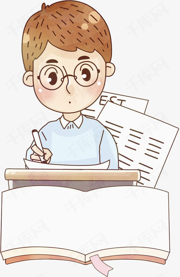 写作业的男孩纸张写作业卡通帅气的眼镜铅笔  