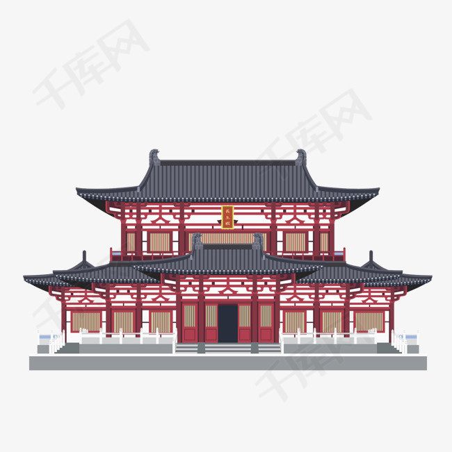 古代建筑手绘中国风古代建筑红色传统木门  